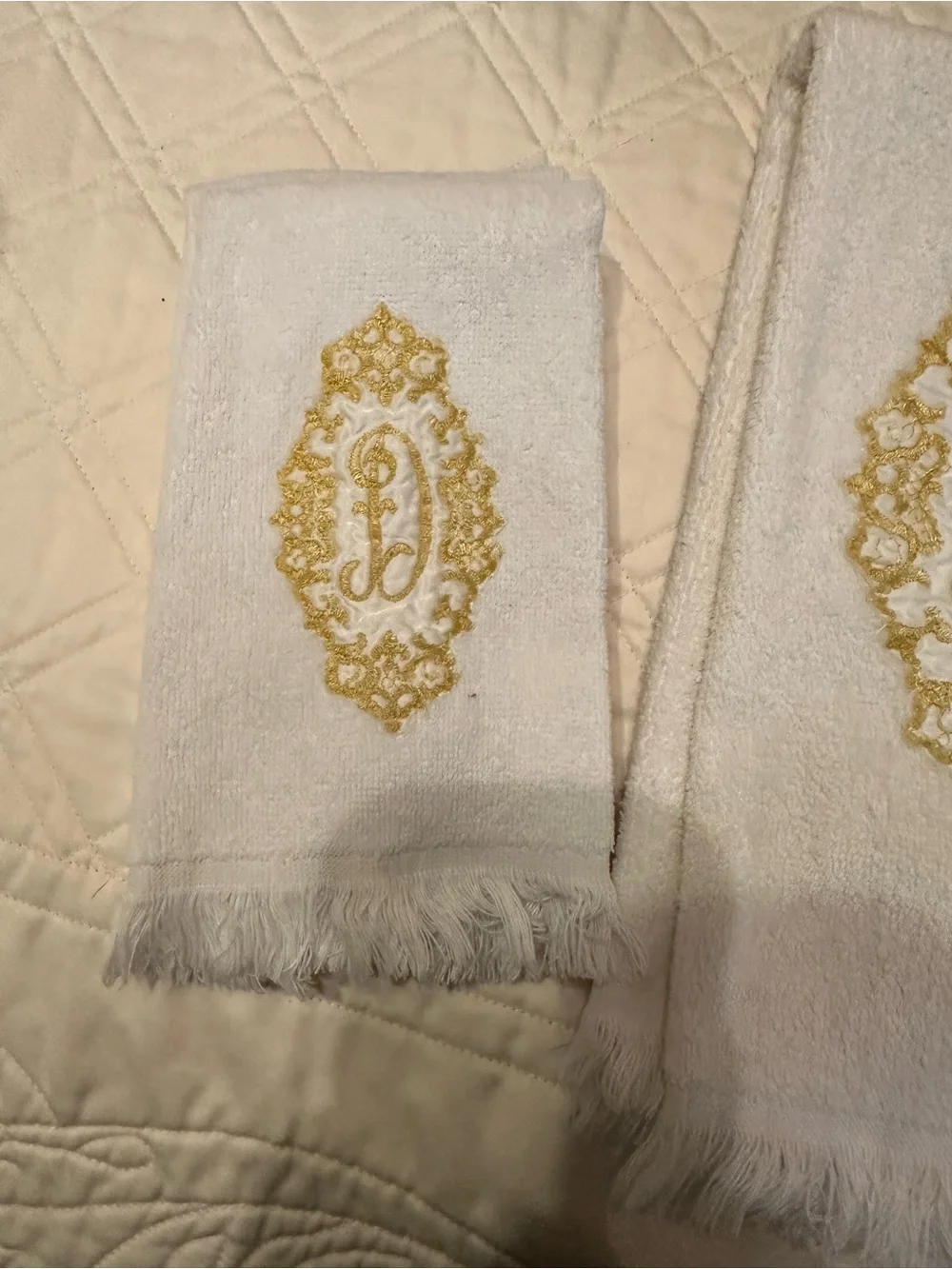 4 Luxury White Guest (2) and Hand (2) Towels with Gold Embroidered Medallion